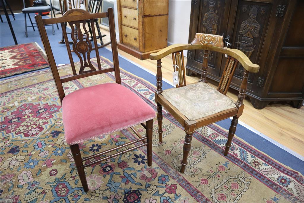 An Edwardian inlaid childs corner chair and one other childs chair